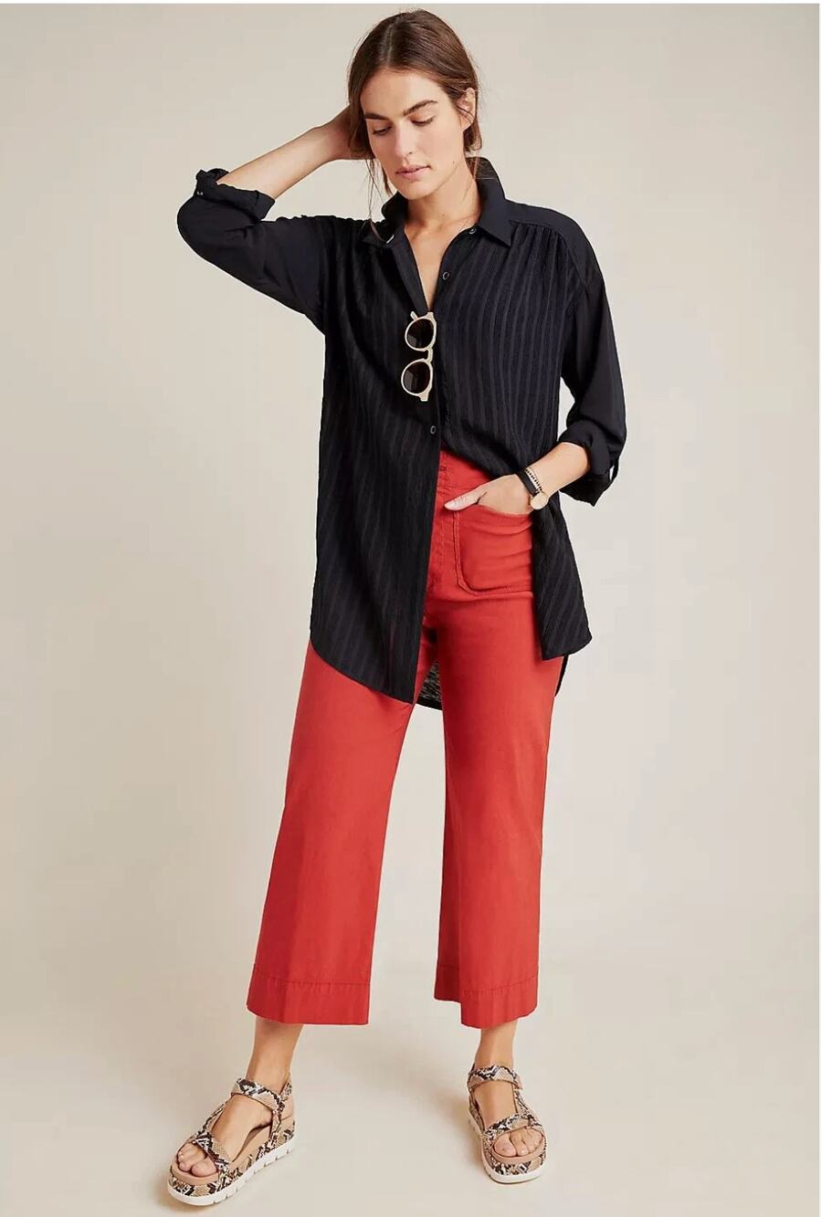 Anthropologie Isabel Woven Tunic Blouse Small Black Sheer Stripe Button Down